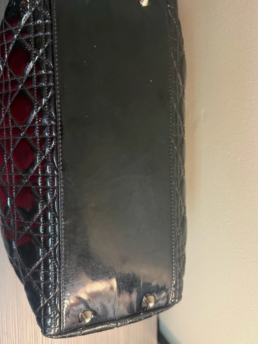 CHRISTIAN DIOR Black Cannage Quilted Patent Leather Small Dior Soft Tote Bag Ove